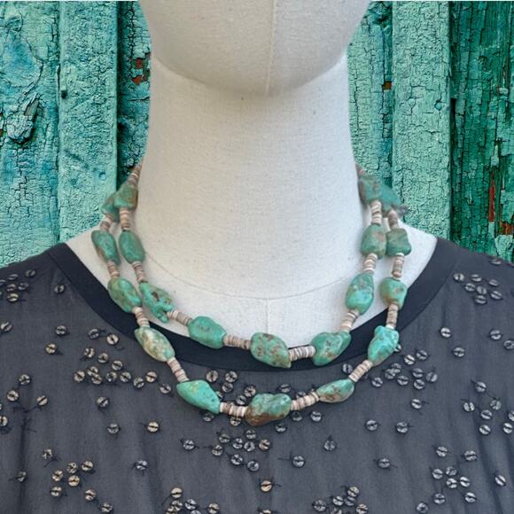 1990s NATIVE AMERICAN Royston Turquoise & Heishi Bead Necklace With Sterling - Picture 1 of 2